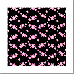 Cherry Blossom Sakura Flower Clusters Pattern in Black Background Posters and Art